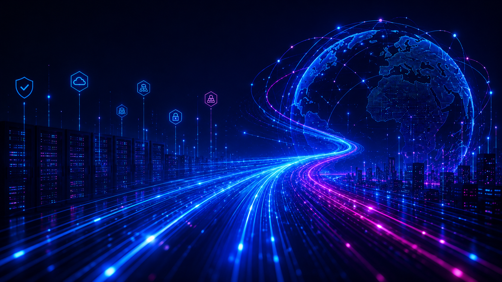Streams of blue and magenta data flowing from a data center toward a connected globe, symbolizing global mission-critical traffic