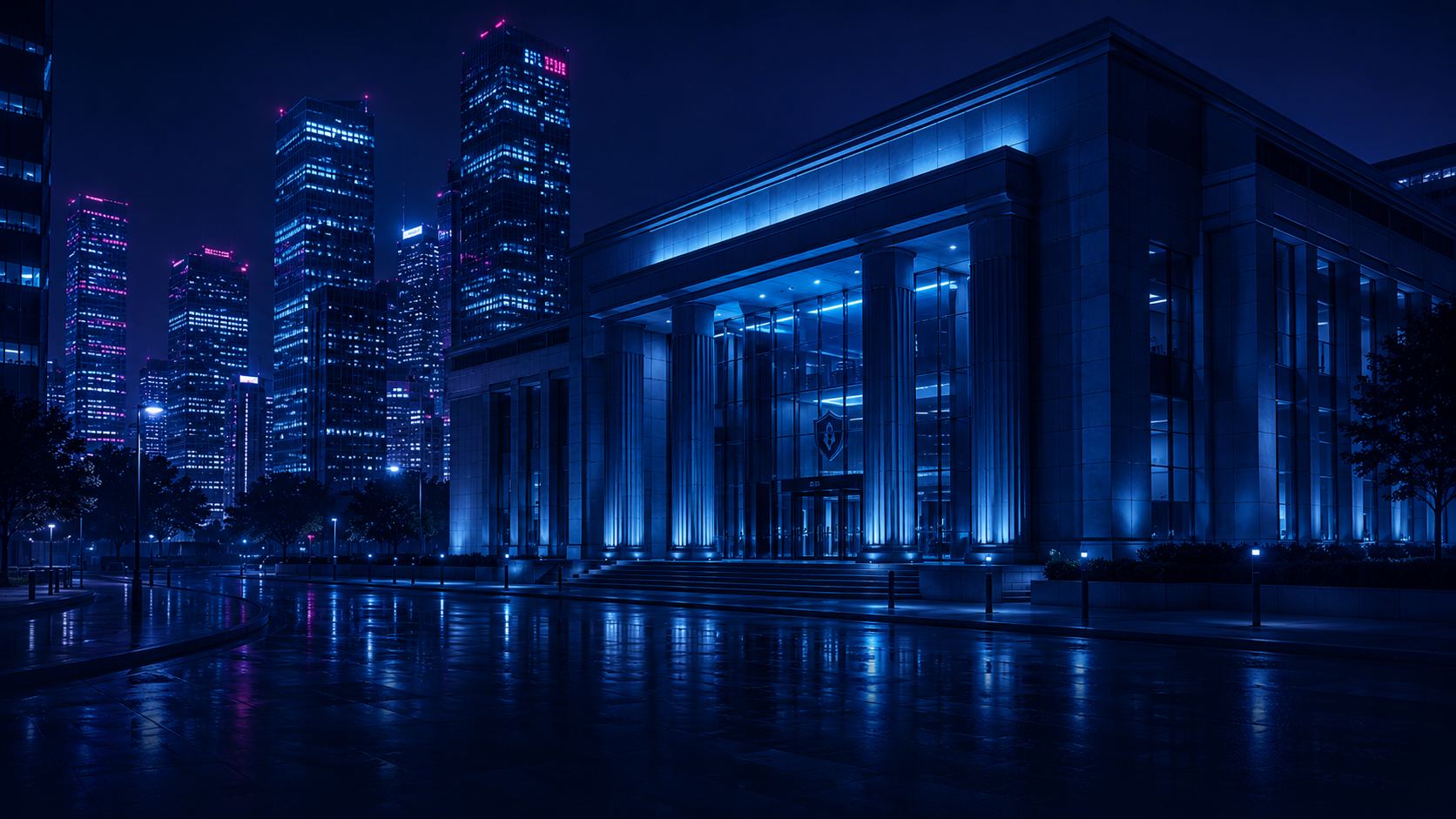 Illuminated financial institution headquarters in a city business district at night