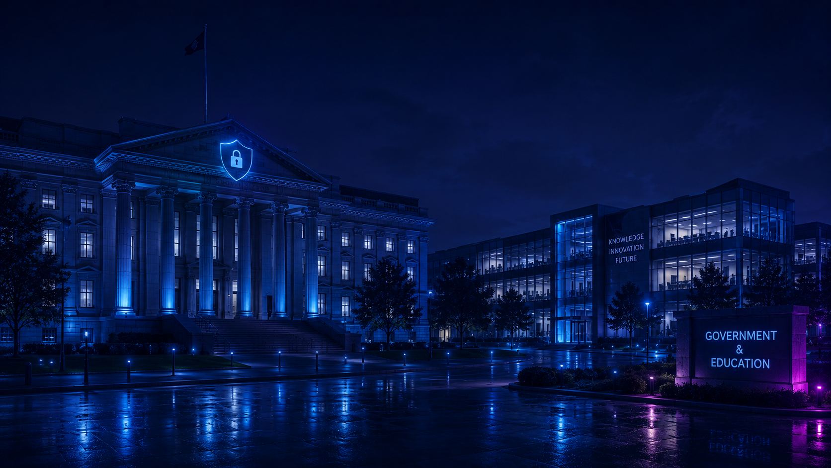 Government building and modern university campus at night, protected by a glowing security shield