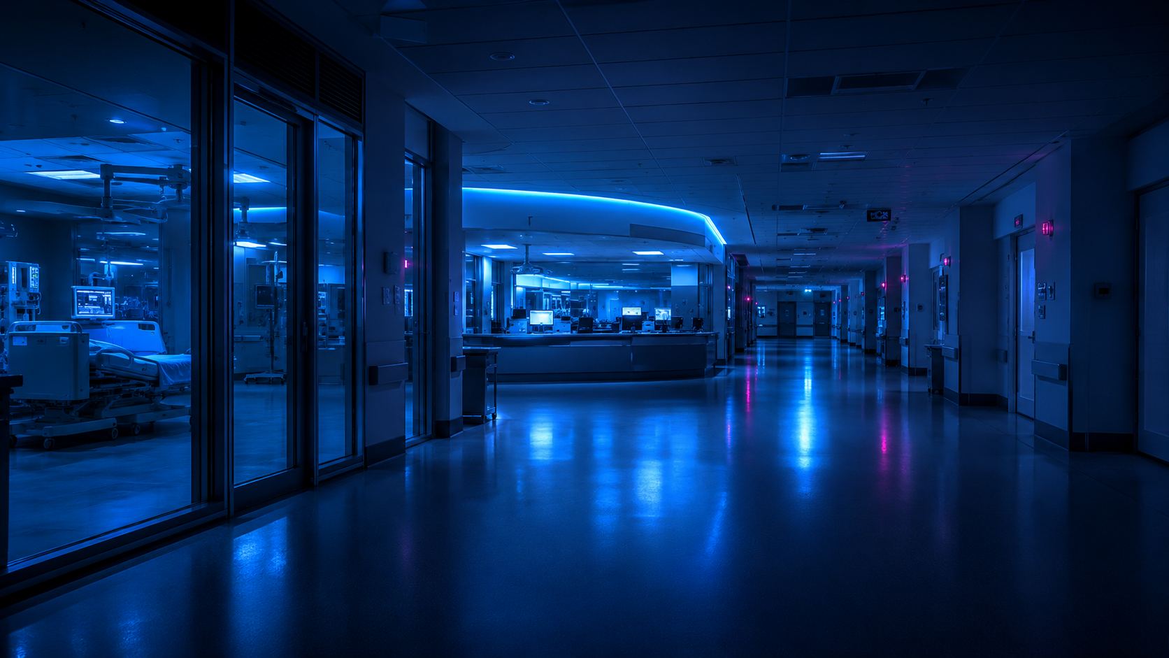 Quiet hospital corridor at night with a nurses' station and a patient room with monitoring equipment
