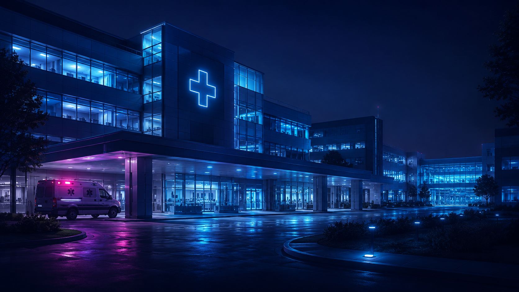 Hospital entrance at night with an illuminated medical cross and an ambulance at the emergency bay